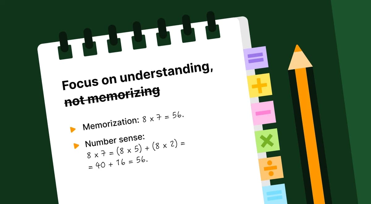 Spiral notebook with colorful sticky tabs and orange pencil on green background, showing number sense approach to math facts over memorizing