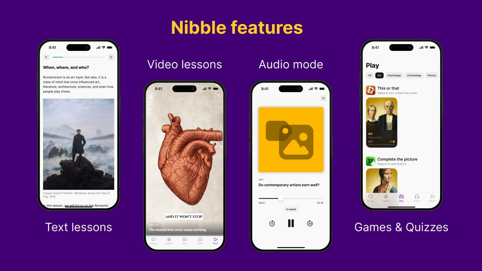 Nibble app features display showing four smartphones with bite-sized lessons, 10-minute videos, audio mode, and quizzes on purple background