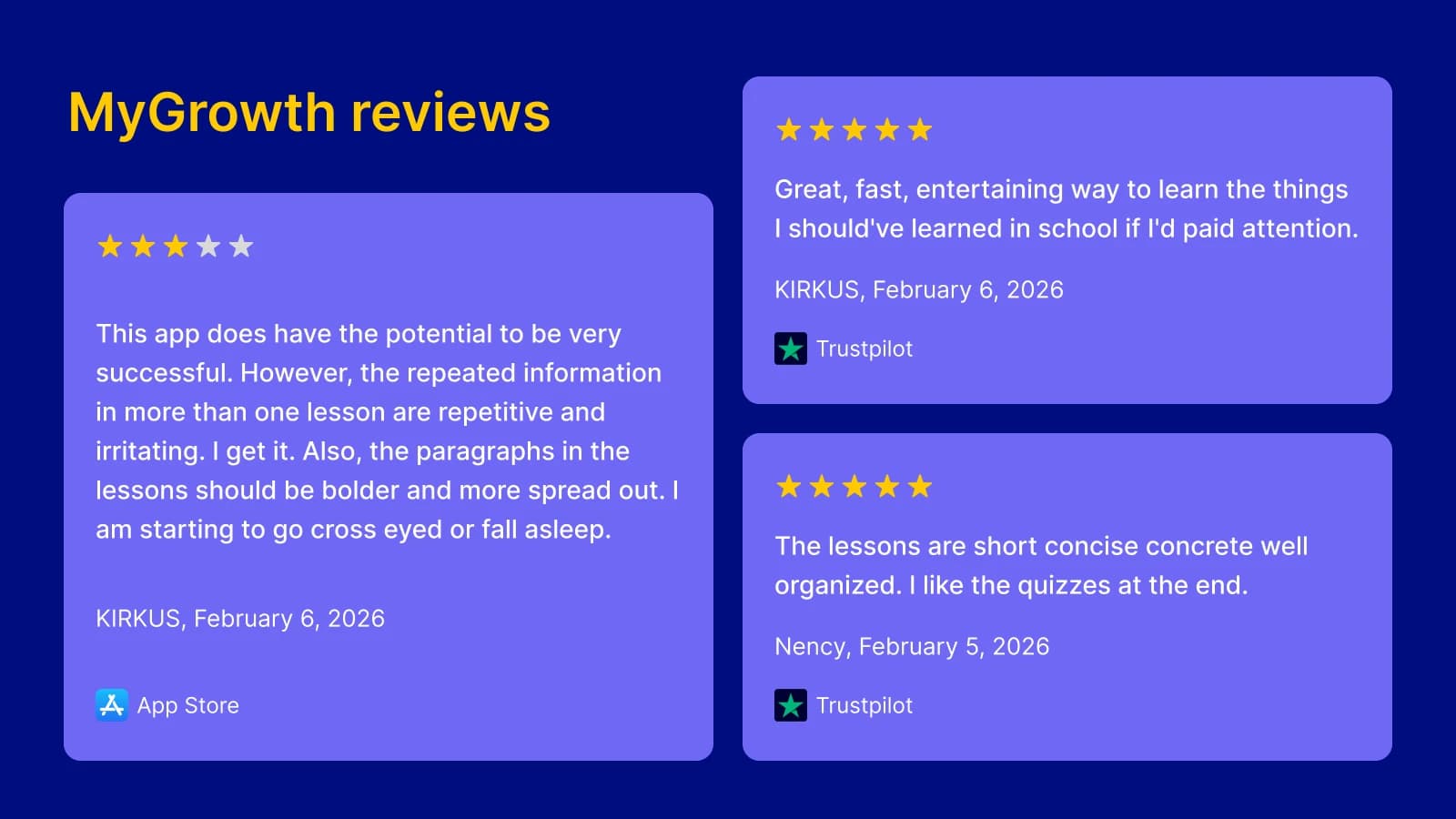 MyGrowth reviews displayed in three purple review cards with star ratings on blue background