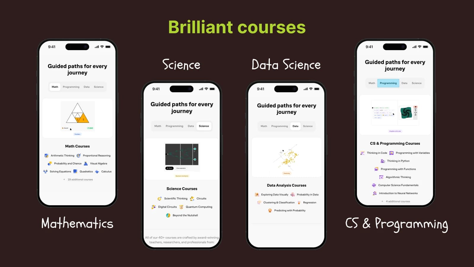 Brilliant courses displayed on smartphone screens including Mathematics, Science, Data Science, and CS Programming on dark background