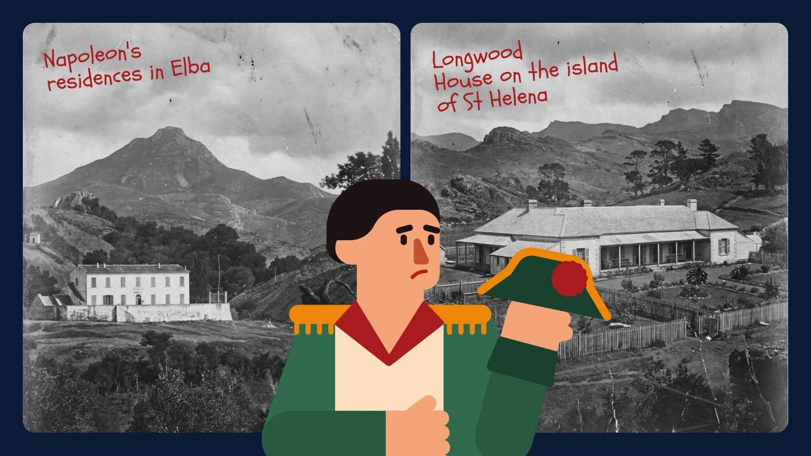 Napoleon Bonaparte between Elba residence and Longwood House on st helena showing his exile locations