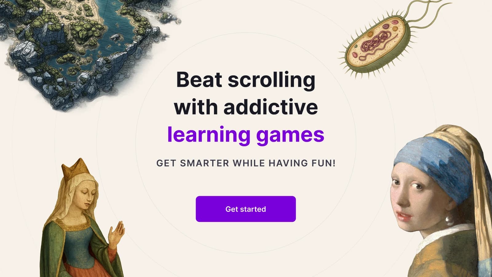 Learning games banner featuring classical art portraits with Girl with Pearl Earring promoting bite-sized educational lessons