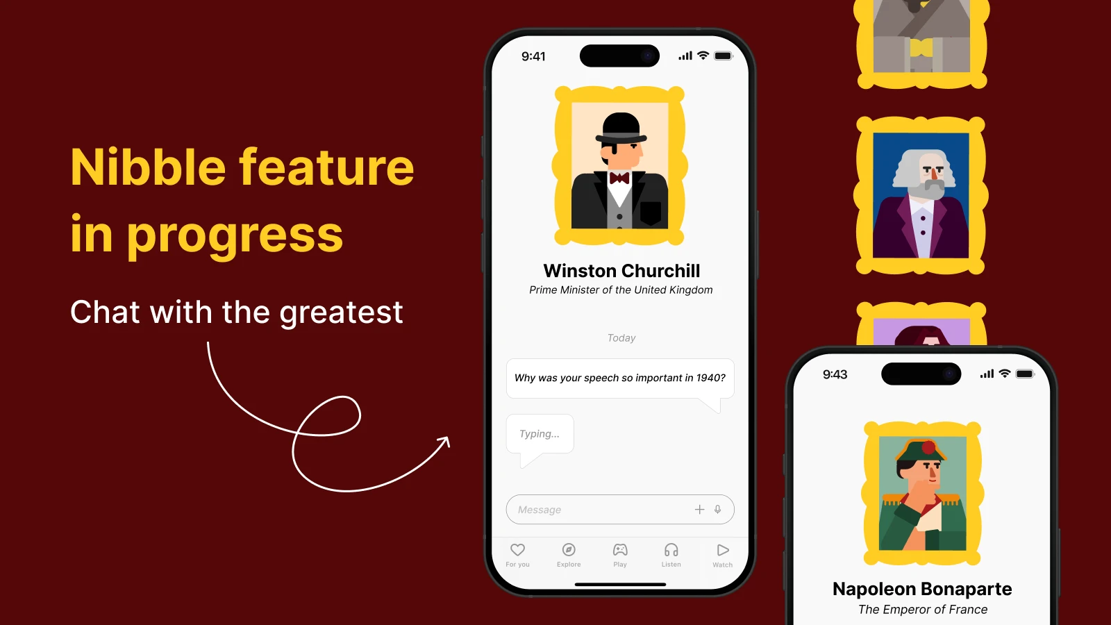 Nibble app feature showing chat interface with historical figures Winston Churchill and Napoleon Bonaparte on smartphone screens against dark red background