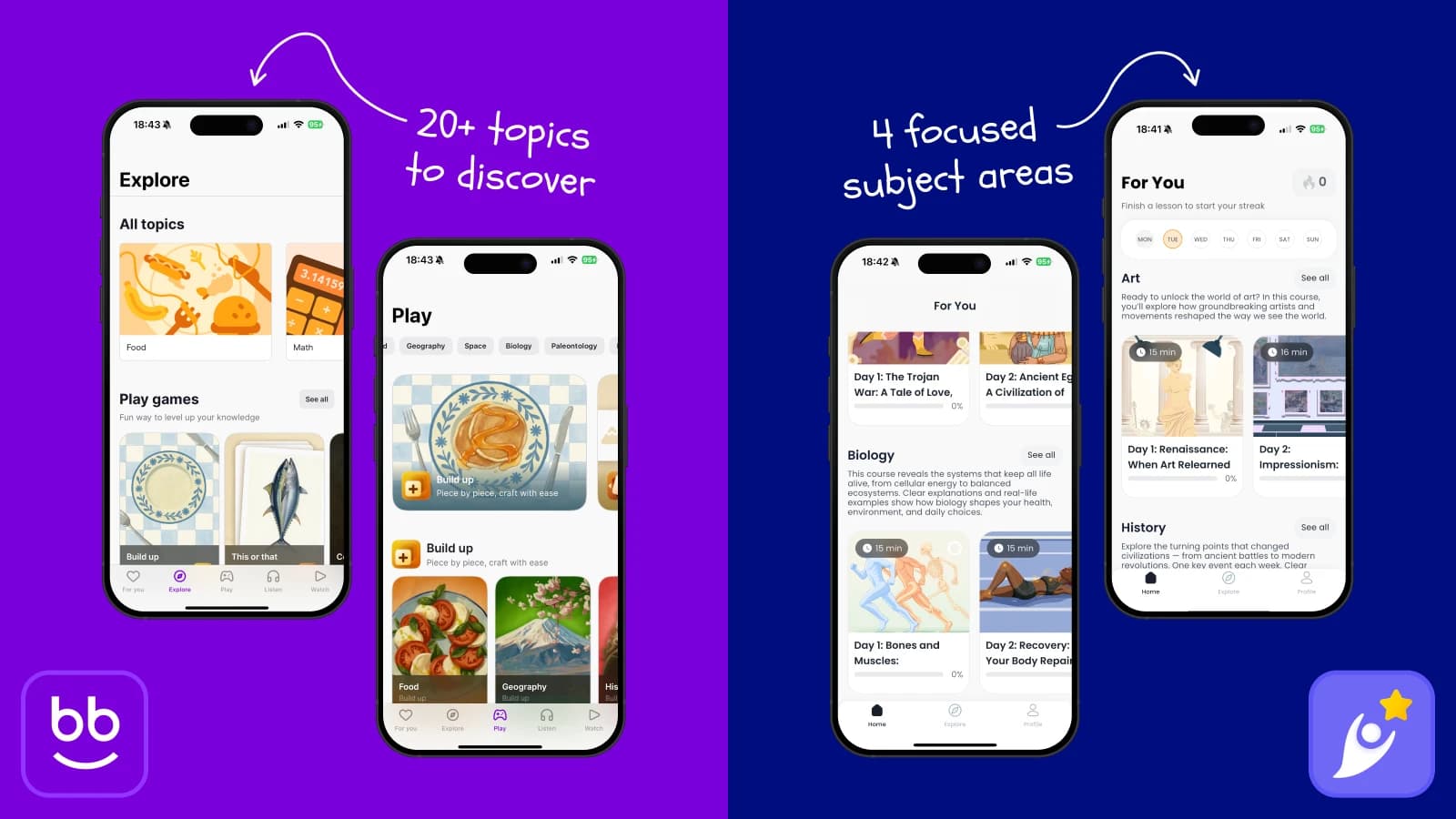 Nibble app screens showing 20+ microlearning topics and MyGrowth 4 focused subject areas with bite-sized lessons on split purple and blue background