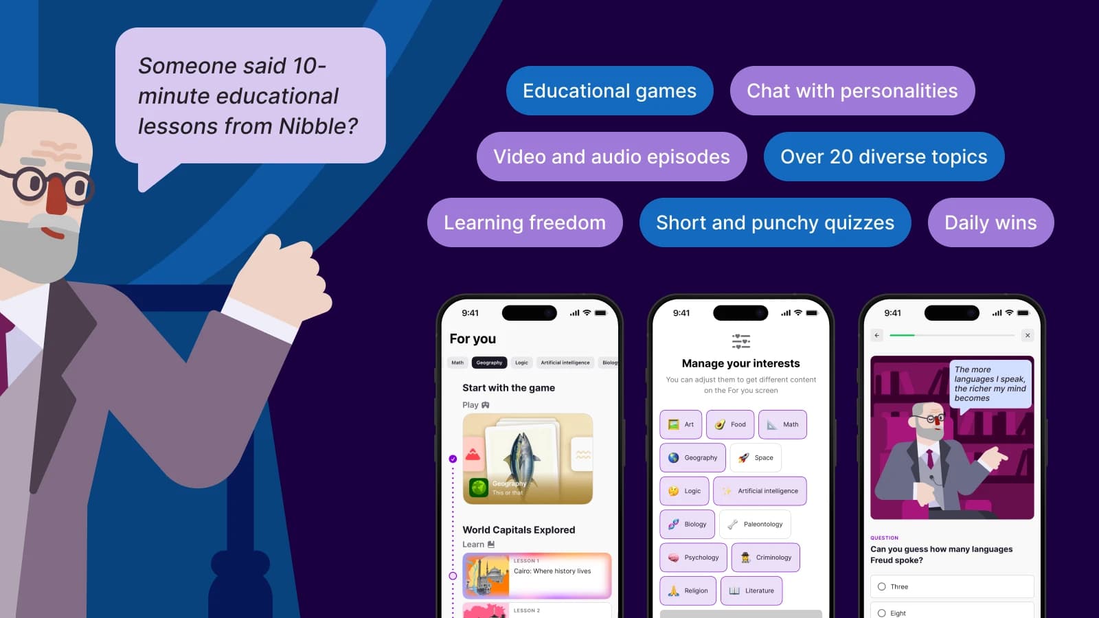 Person gesturing toward Nibble app features including educational games, chat with personalities, and diverse learning topics on mobile screens