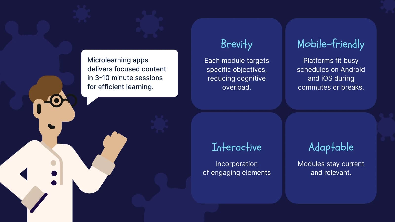 Adult learner presenting microlearning framework with brevity, mobile-friendly, interactive, and adaptable features on blue background with gears