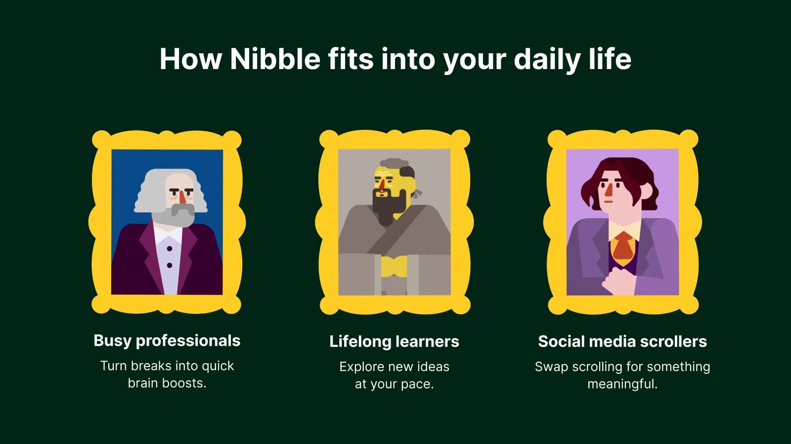 Three illustrated personas in yellow frames showing Nibble app users_ busy professional, lifelong learner, and social media scroller on dark green background