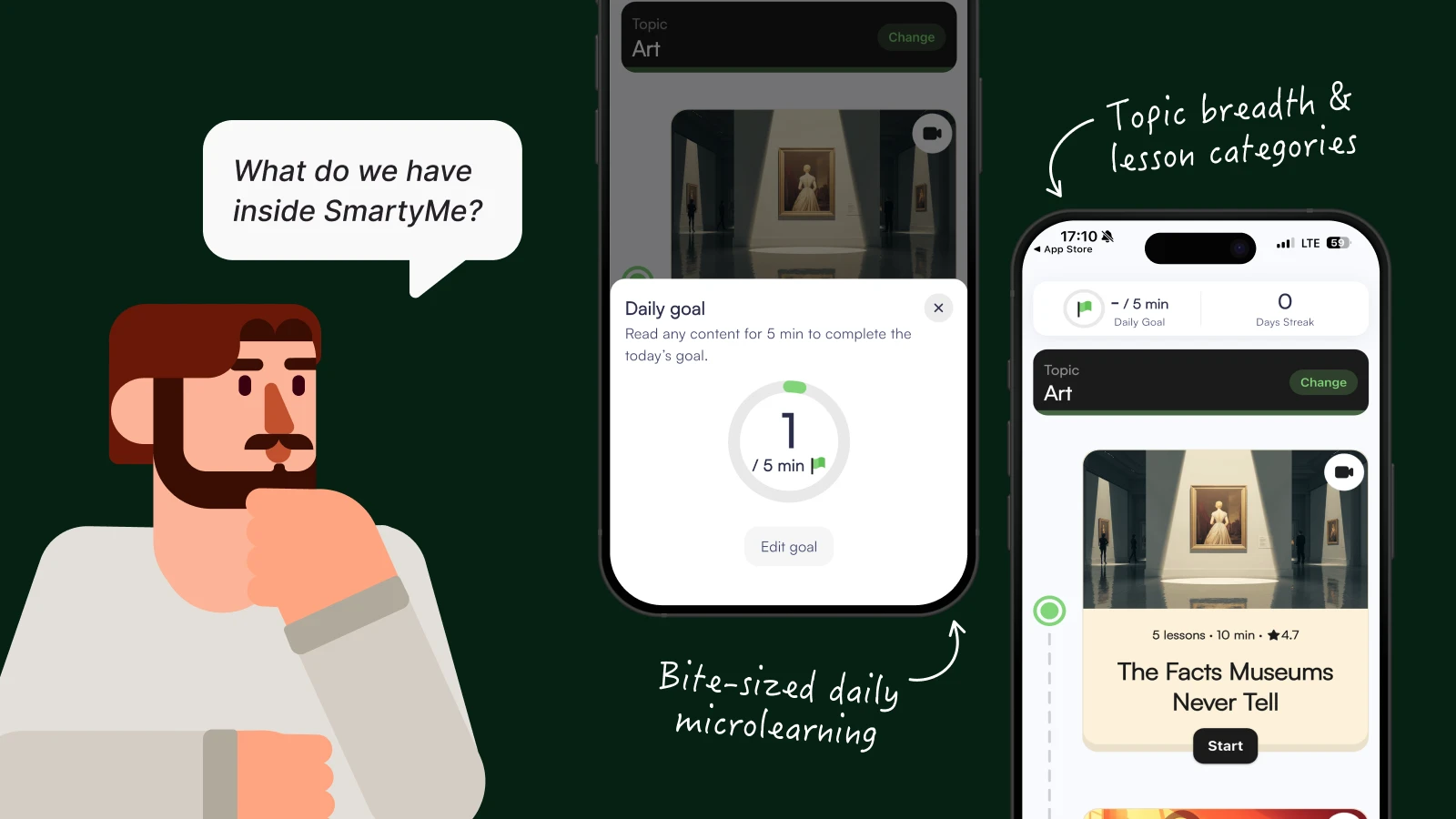 SmartyMe microlearning app screens, daily goal, lesson categories, ADHD friendly