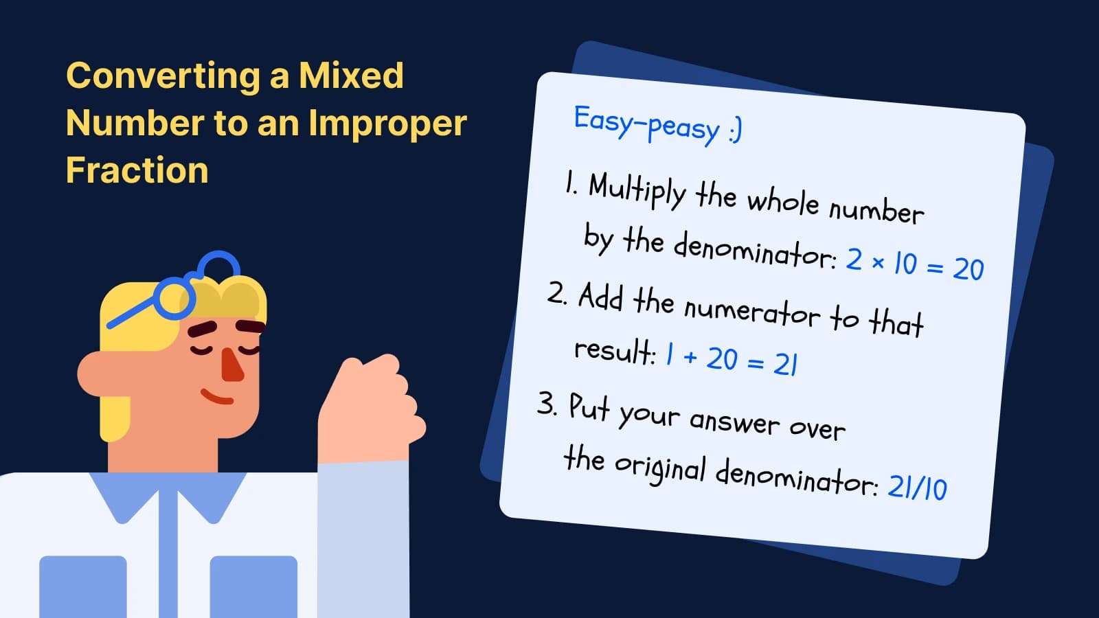 Educational guide showing how to multiply fractions when converting mixed numbers to improper fractions