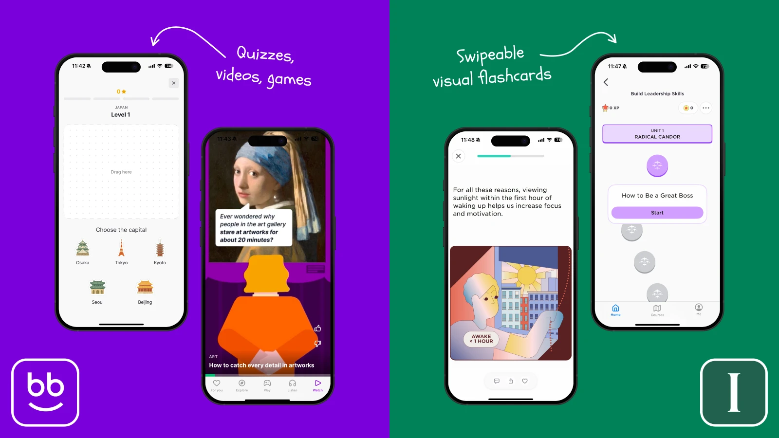 Learning app comparison showing quizzes and videos on purple background versus Imprint's swipeable visual flashcards on green background with phone mockups