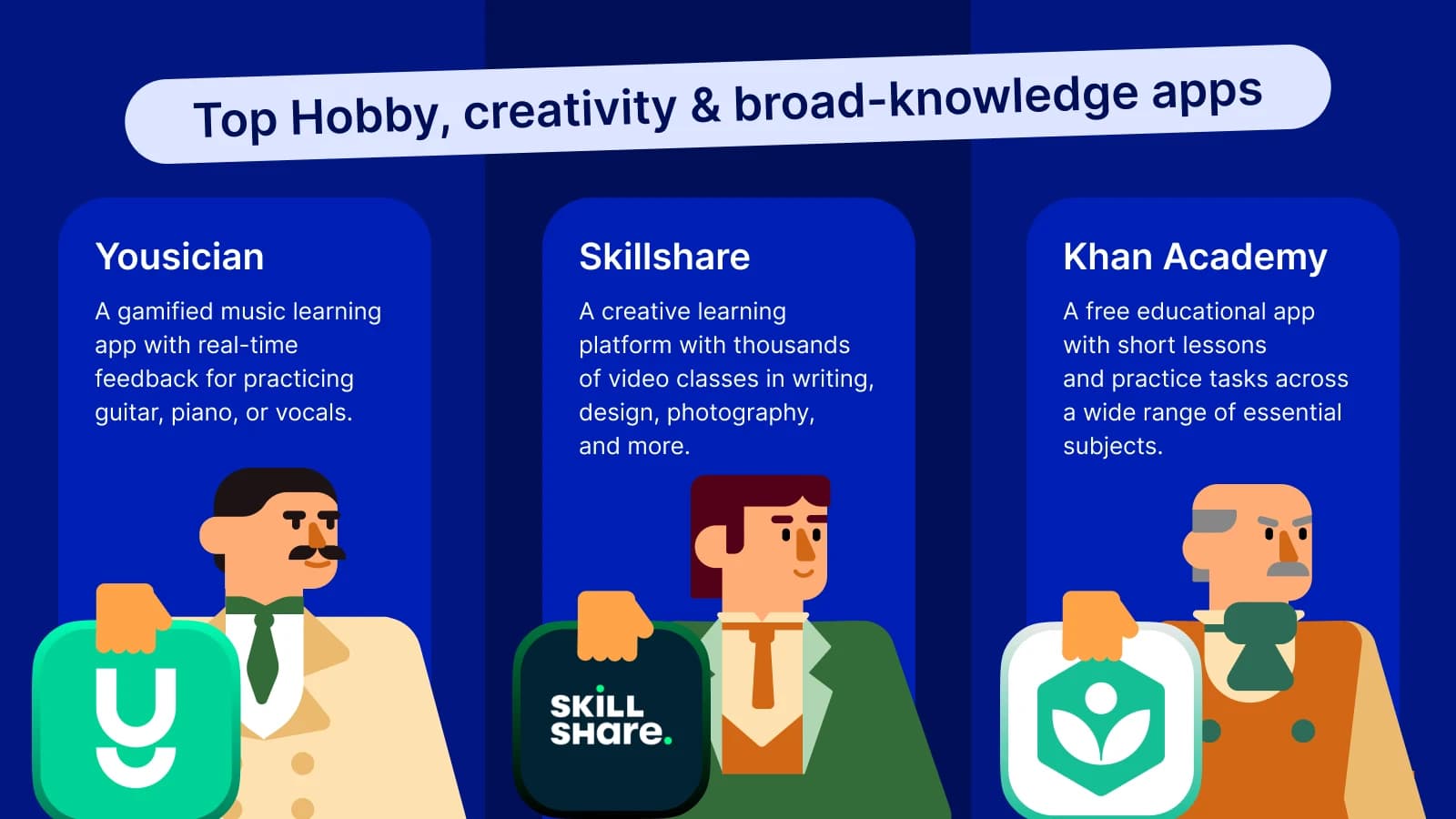 Khan Academy, Skillshare, and Yousician learning apps comparison with illustrated characters on dark blue background