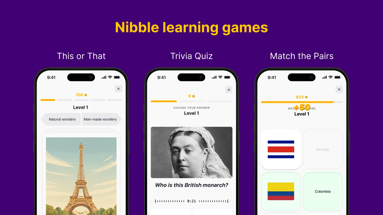 Nibble learning games with Trivia Quiz and other interactive quiz formats