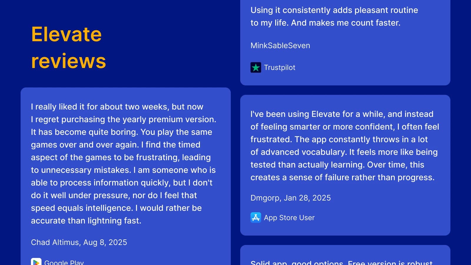 Elevate brain training app user reviews section on dark blue background displaying mixed feedback cards from Google Play, App Store, and Trustpilot users