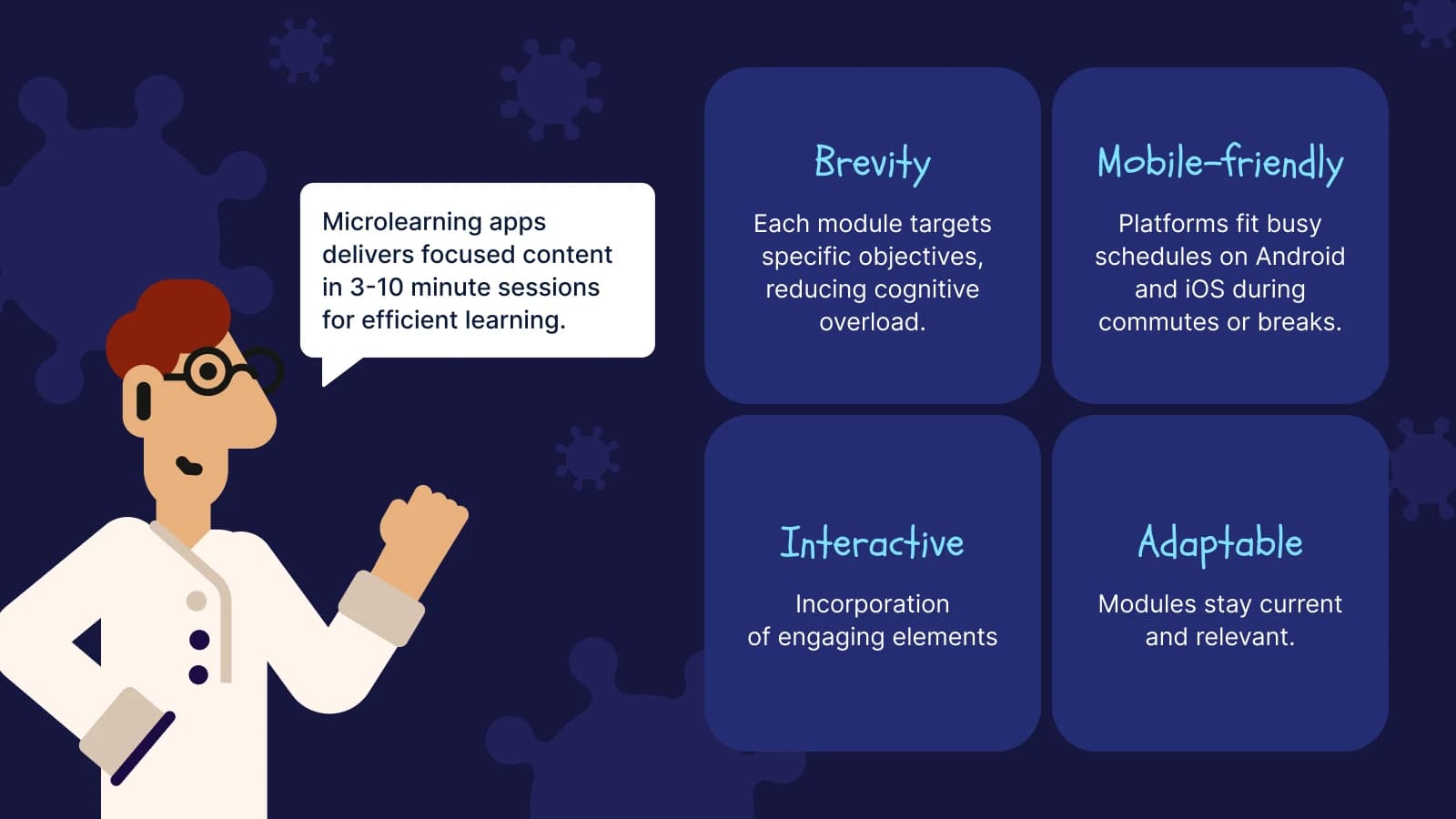 Adult learner presenting microlearning framework with brevity, mobile-friendly, interactive, and adaptable features on blue background with gears