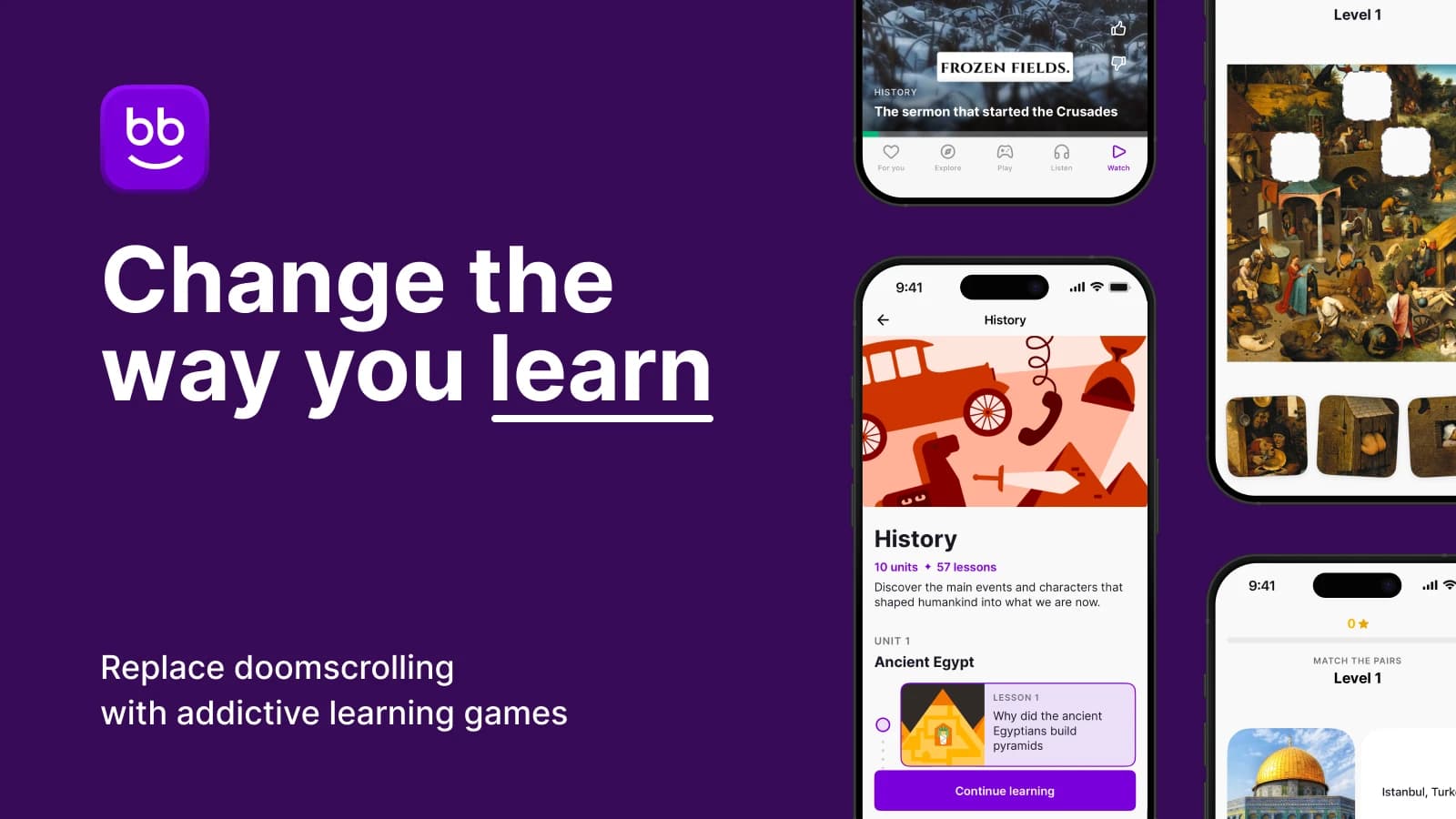 Nibble learning app interface with purple branding showing multiple smartphone screens and bb logo