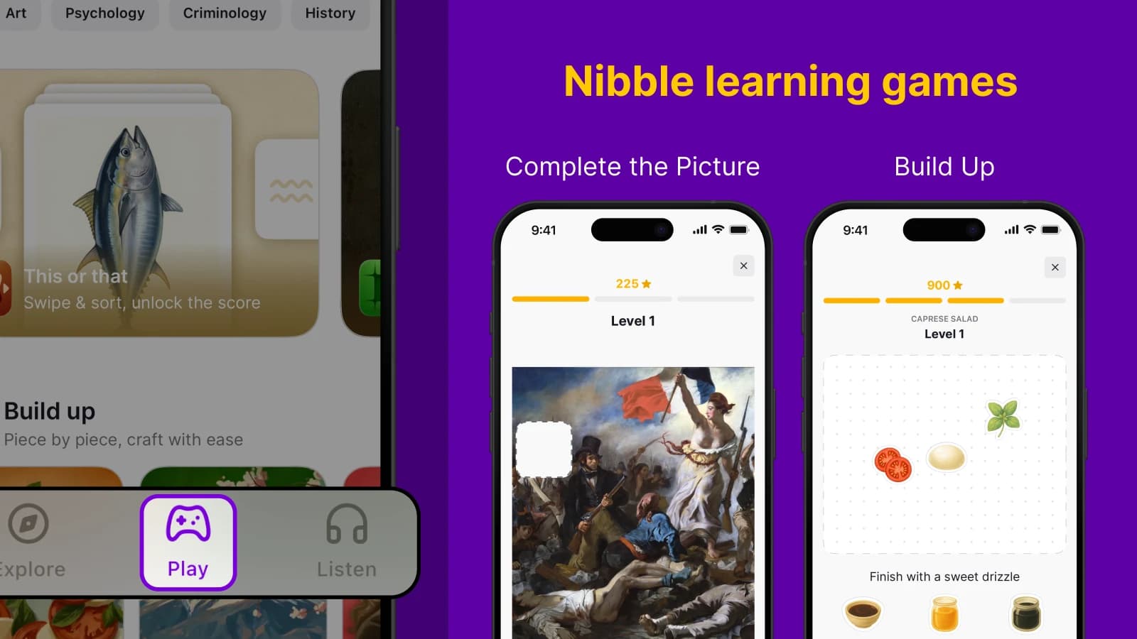 Nibble learning games featuring Complete the Picture microlearning quiz mode