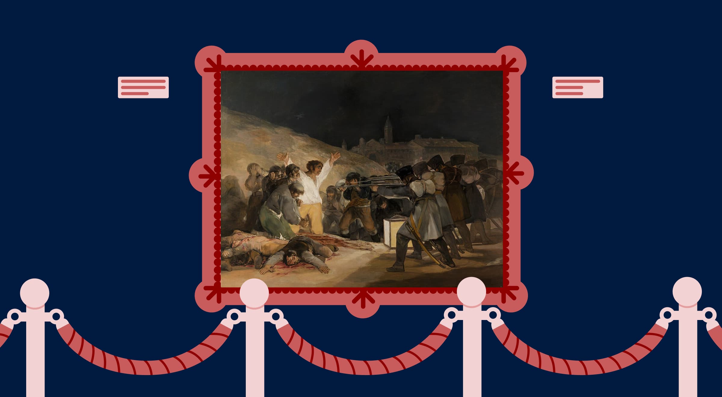 Illustrated museum display on dark navy background featuring a classical framed painting behind rope barriers, representing emphasis in art through bite-size art learning