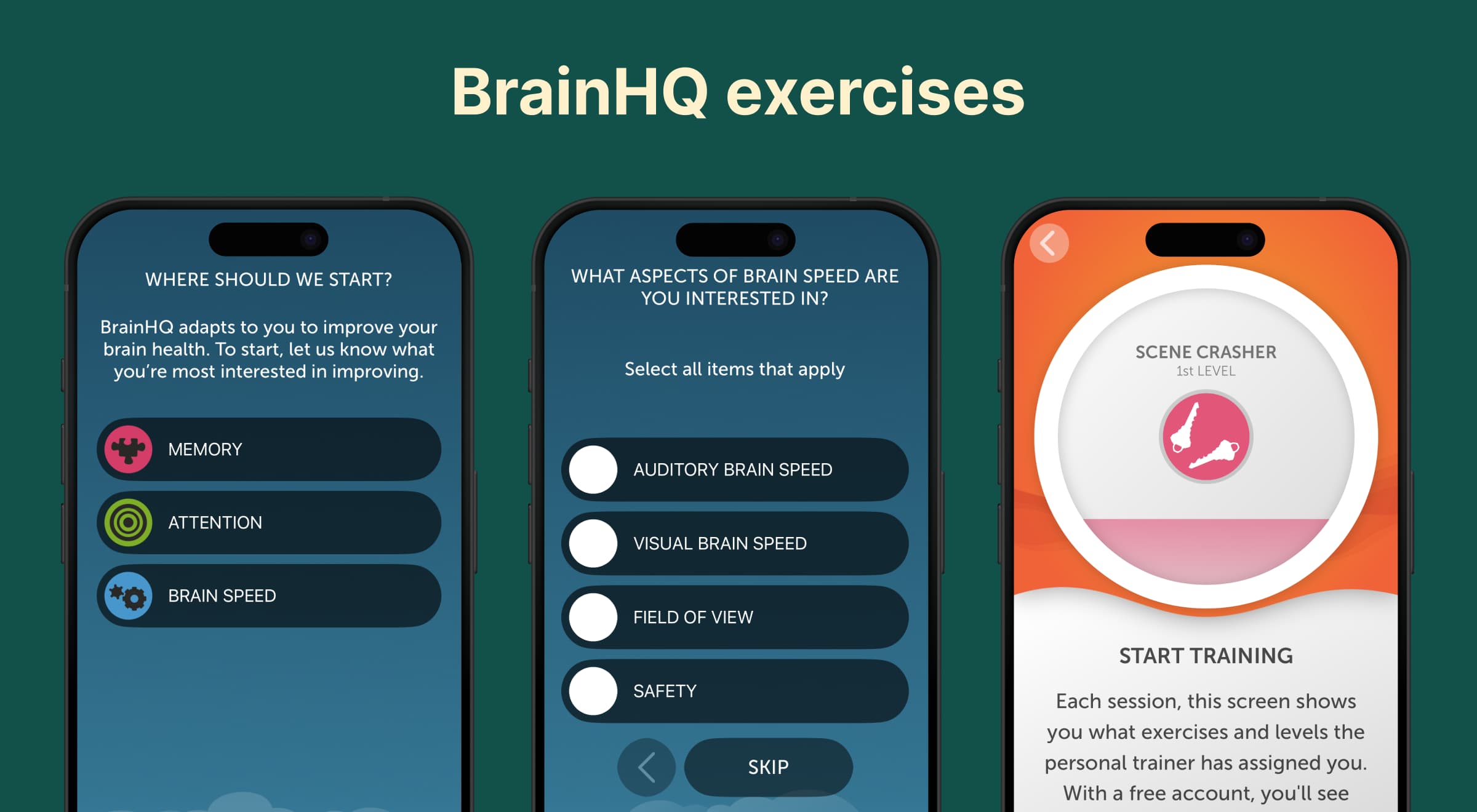 Three BrainHQ app screenshots on a dark teal background showing onboarding, brain speed selection, and Scene Crasher exercise screens for brain training