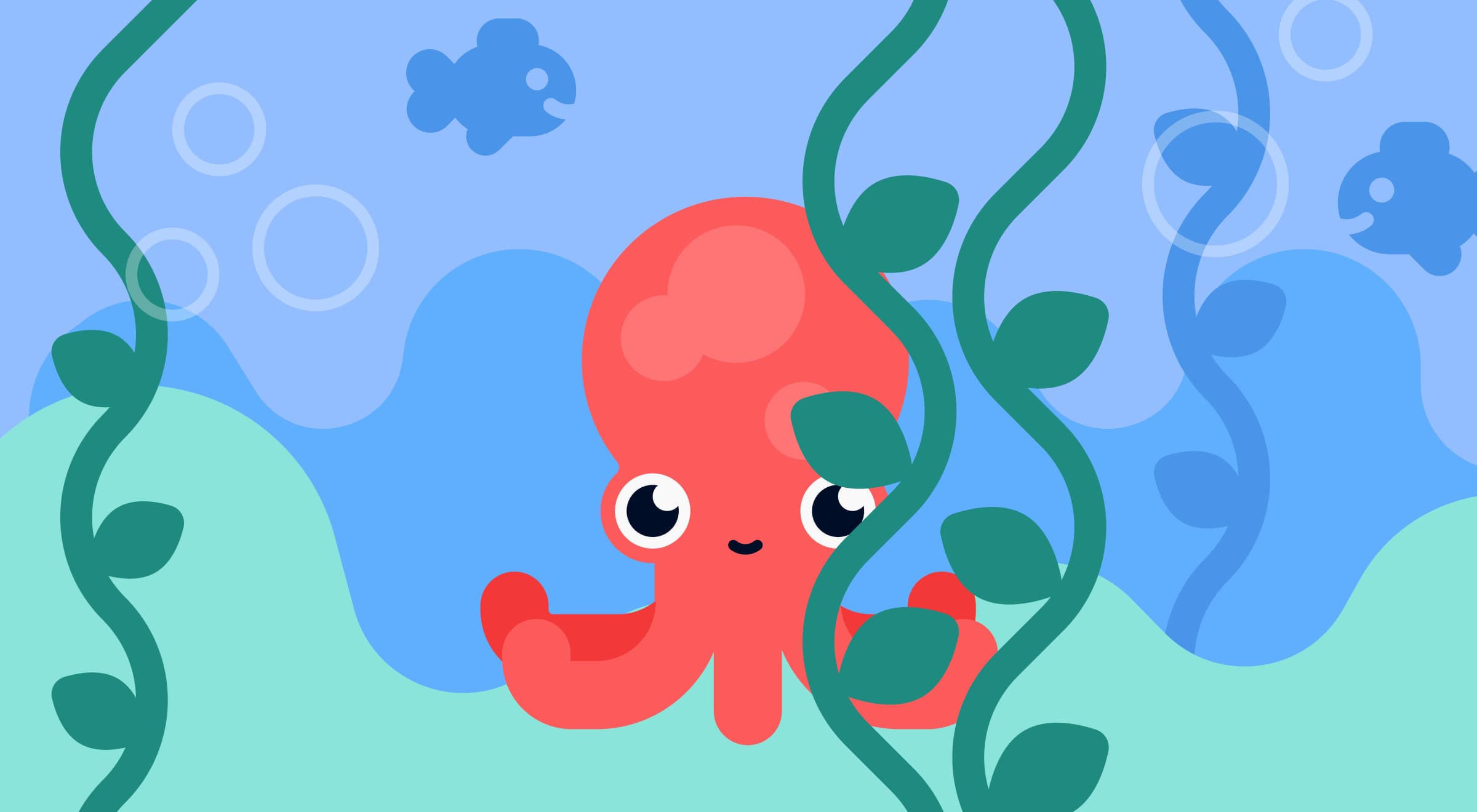 Cute cartoon red octopus surrounded by seaweed and bubbles in an underwater scene with a speech bubble, representing animal trivia about masters of disguise_