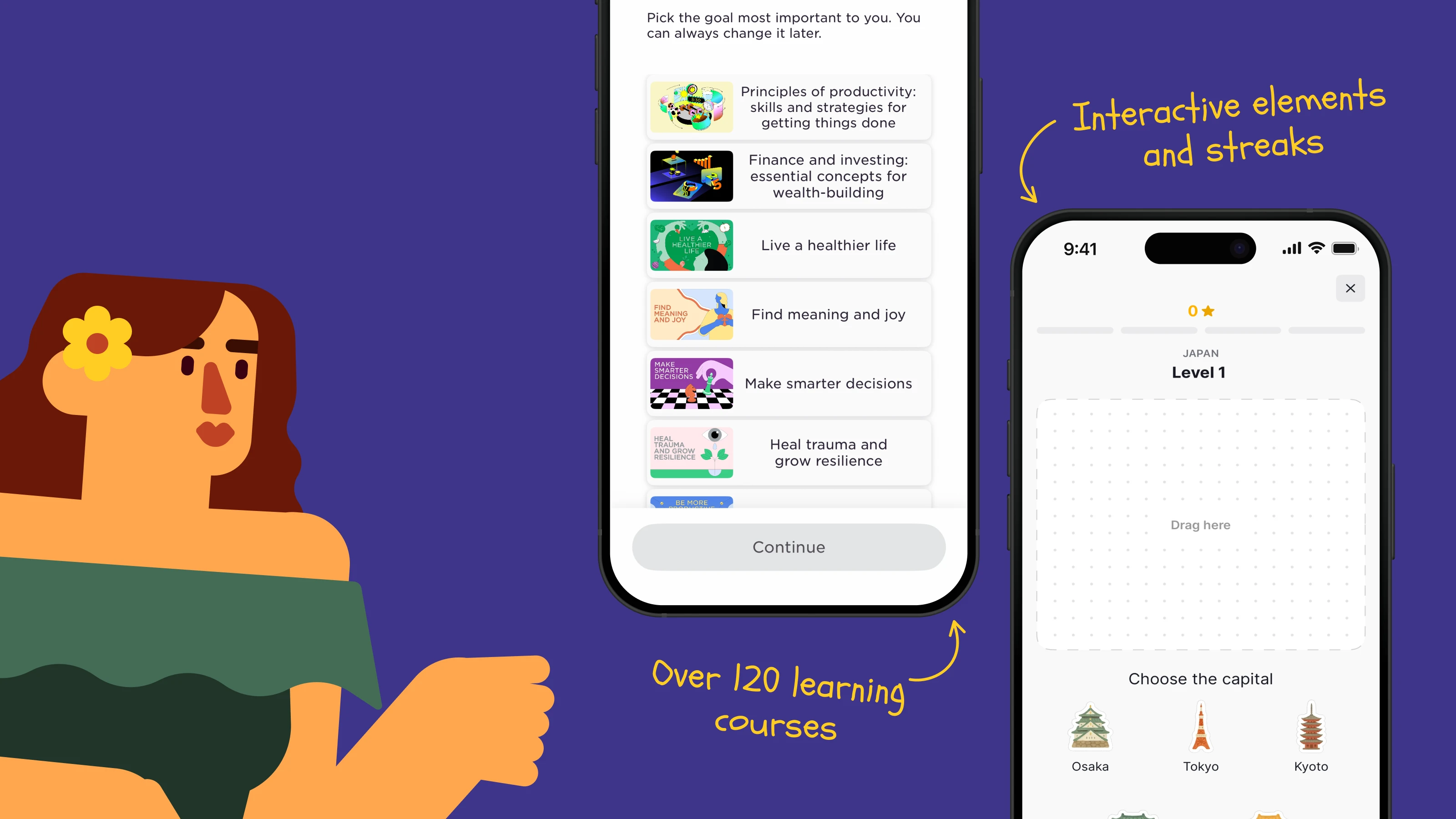 Imprint app comparison showing free features list, over 120 learning courses, and interactive mobile interface on purple background